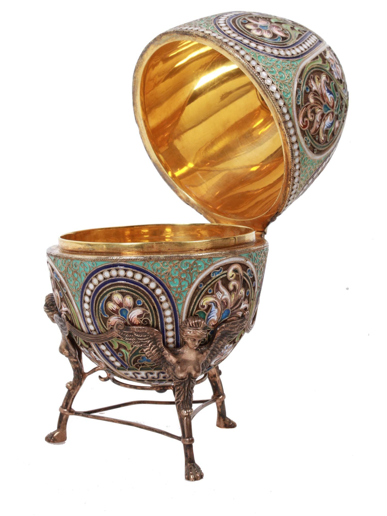 RUSSIAN GILT SILVER ENAMLED EASTER EGG WITH STAND PIC-5